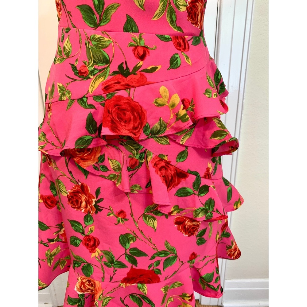 Signature NWT Rose Pink Floral Ruffle Tiered Summer Mini Dress Fuchsia Small - Picture 8 of 16